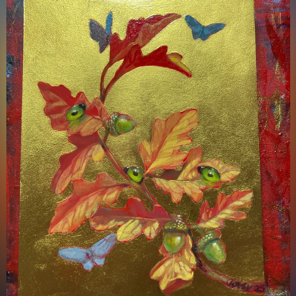 Original Butterfly painting oak acorn art nature gold surreal nouveau Artwork US - Picture 3 of 10